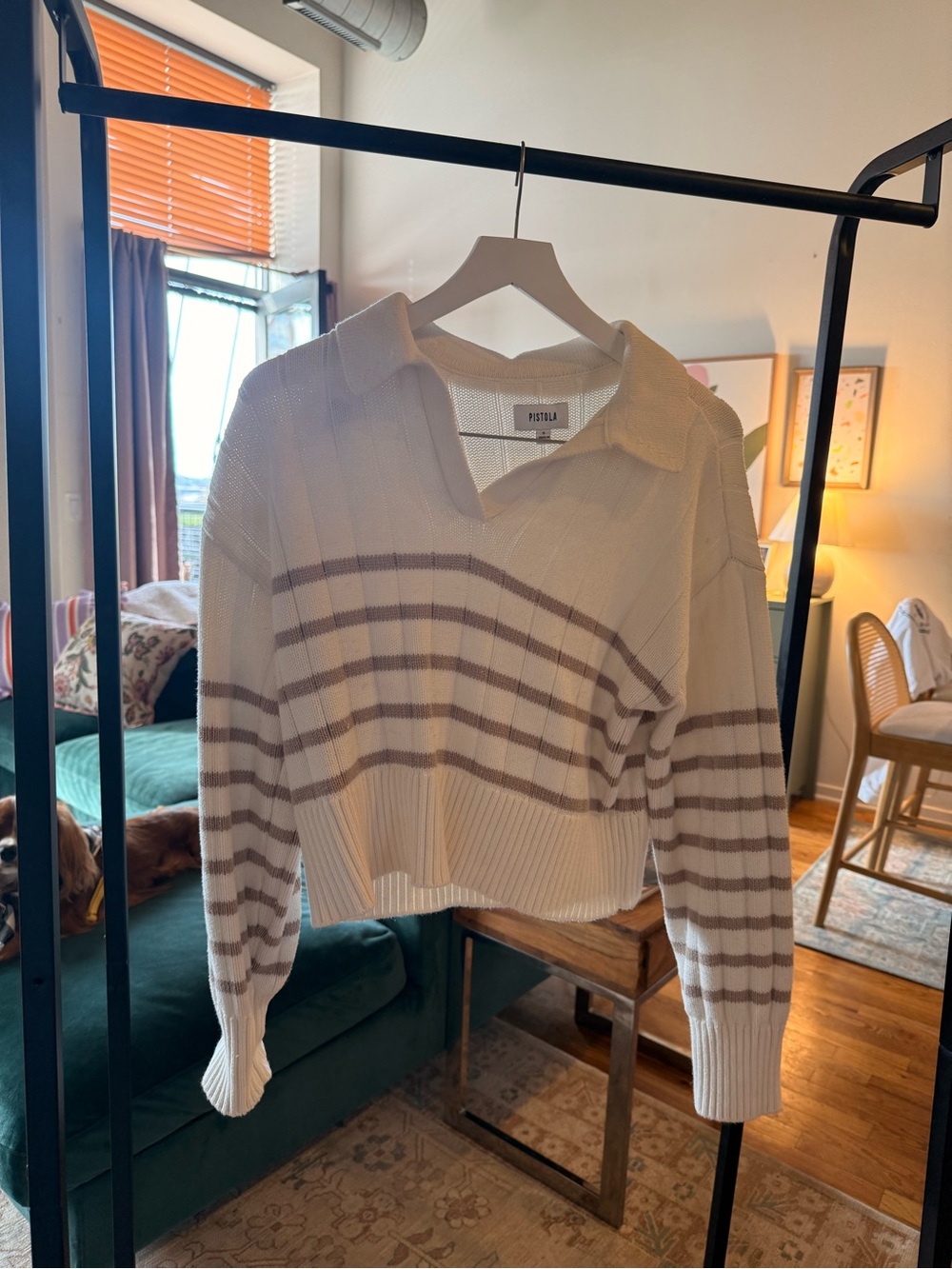 pistola Cream & Taupe Striped Collared V-Neck Sweater